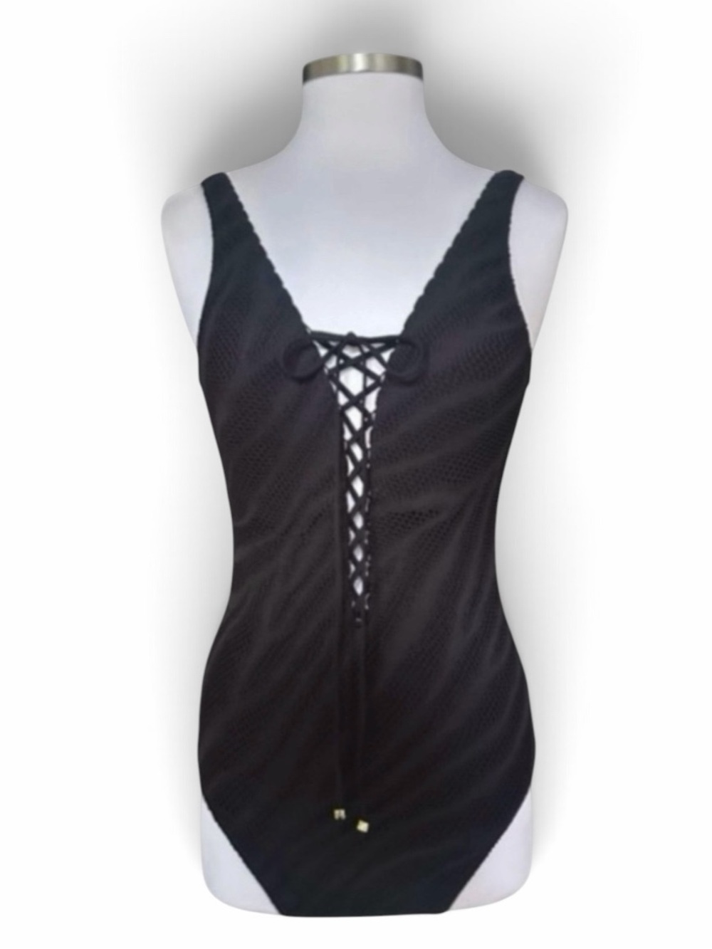 La Blanca by Rod Beattie Black Plunge Lace-Up One Piece Swimsuit Size 8